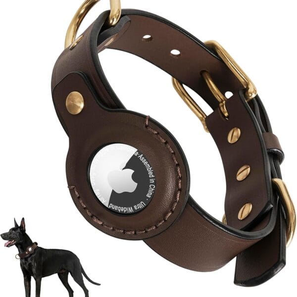 AirTag Dog Collar - 100% Genuine Leather Dog Collar with Apple AirTag Holder, Suitable for Small Dogs, Dark Brown, S, Adjustable Size 10.2-15.7 Inch