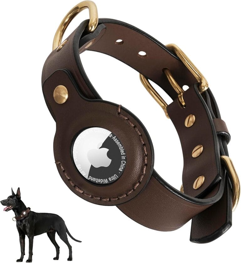 AirTag Dog Collar - 100% Genuine Leather Dog Collar with Apple AirTag Holder, Suitable for Small Dogs, Dark Brown, S, Adjustable Size 10.2-15.7 Inch