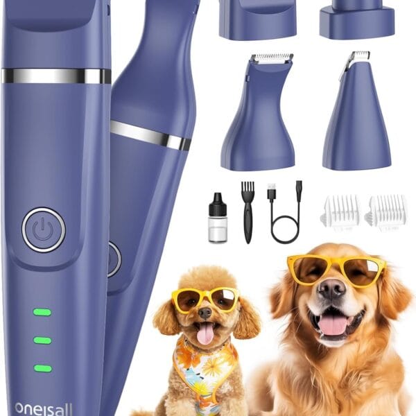oneisall Dog Clippers & Dog Paw Trimmer 4-in-1 Cordless Grooming Kit: 2-Speed Low Noise Clippers with Rechargeable Quiet Nail Grinder for Dogs & Cats (Blue)