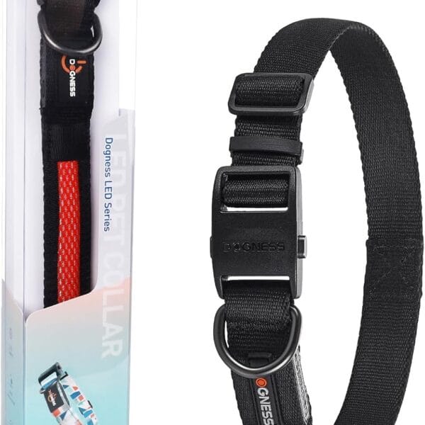 Dogness LED Dog Collar, Light Up Dog Collar for Night Walking, USB Rechargeable Glow in The Dark Dog Collars for Safety Camping (Large - Black)