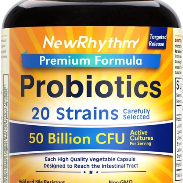 NewRhythm Probiotics 50 Billion CFU 20 Strains, 60 Veggie Capsules, Targeted Release Technology, Stomach Acid Resistant, No Need for Refrigeration, Non-GMO, Gluten Free