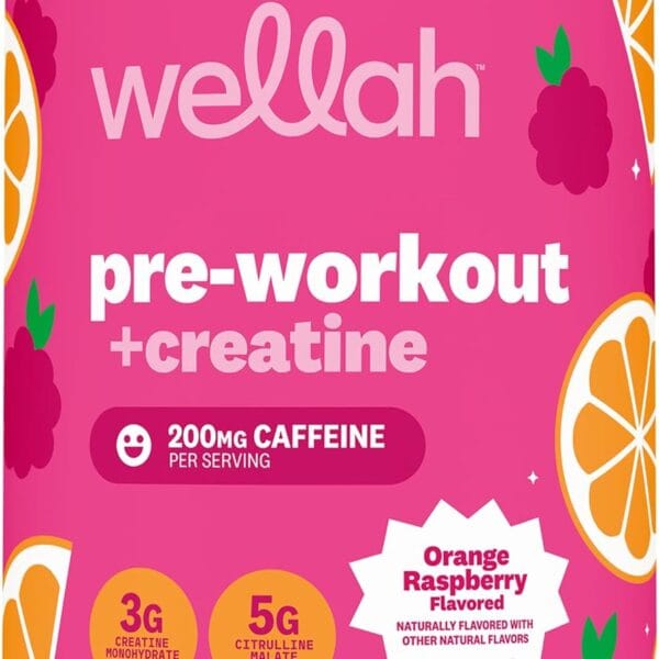 Wellah Pre-Workout + Creatine Powder (30 Servings) Orange Raspberry - 200mg Caffeine, 3g Creatine Monohydrate, 5g Citrulline Malate, Pre-Workout with Creatine Supplement
