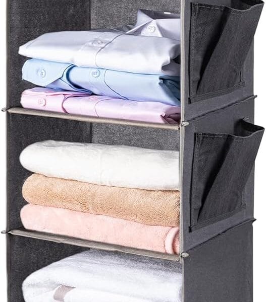 BOOMIBOO Hanging Closet Organize and Shelves5-Hanging Shelf with 2 Side PocketsStorage Foldable Grey