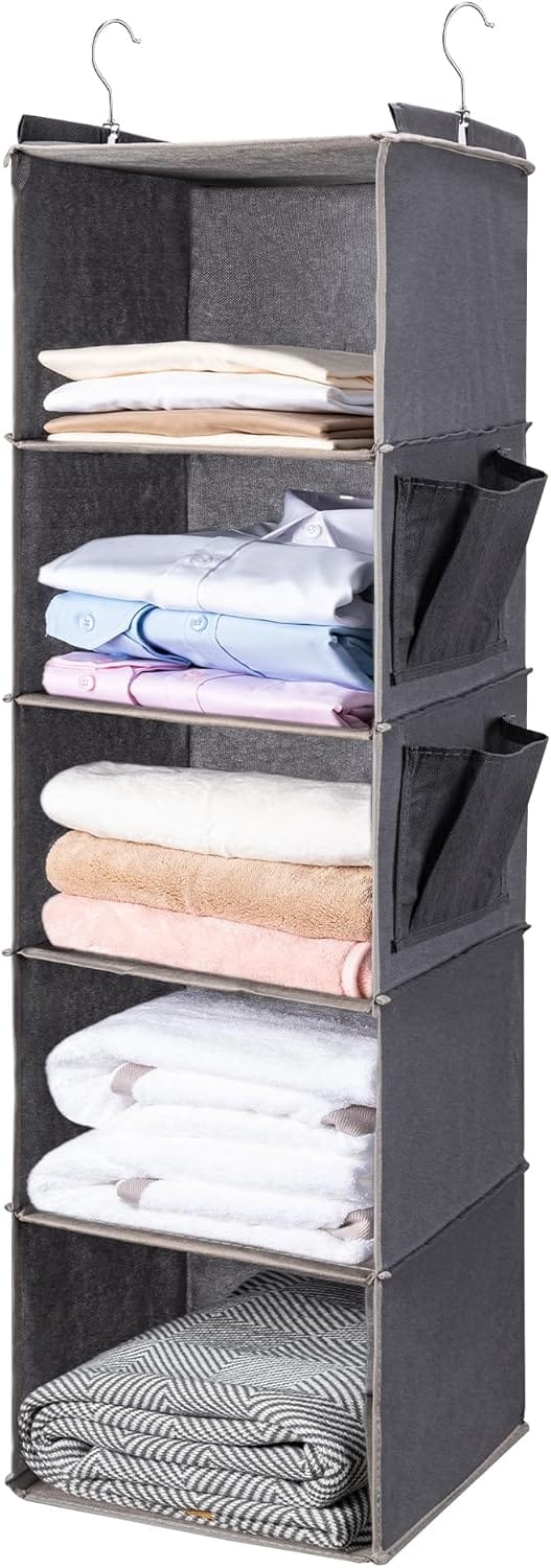 BOOMIBOO Hanging Closet Organize and Shelves5-Hanging Shelf with 2 Side PocketsStorage Foldable Grey