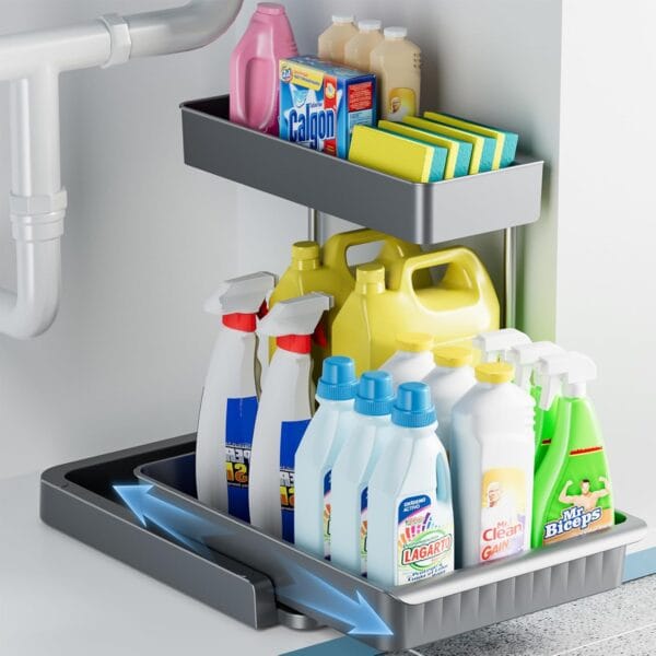 L-Shaped Under Sink Organizer, Multi-Purpose Sliding Cabinet, Grey, 1 Pack