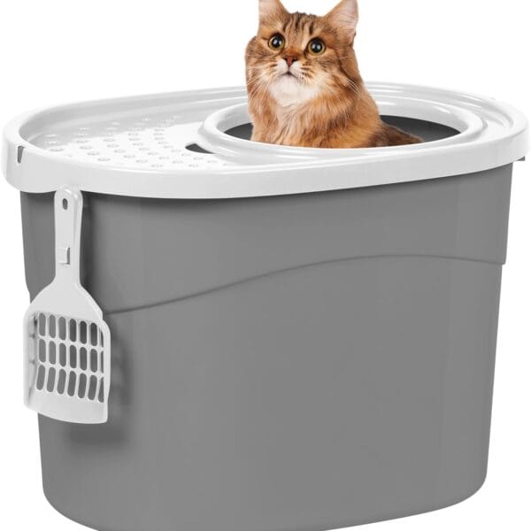 IRIS USA Top Entry Cat Litter Box, Large Enclosed with Litter Catching Lid and Scoop, Dog Proof, Cat Litter Box, Gray/White