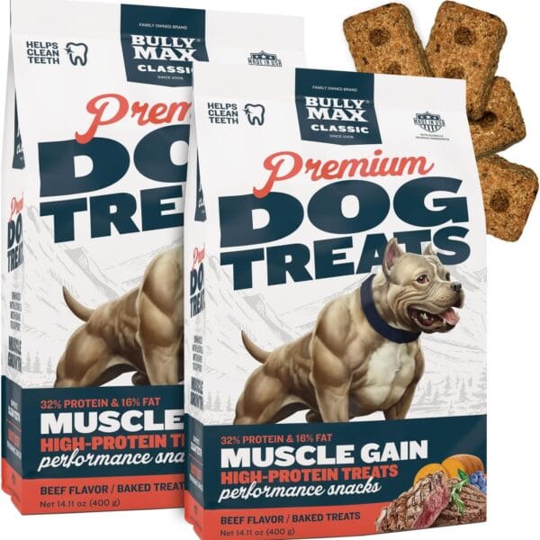 Bully Max Premium High Protein Dog Treats for Puppy & Adult Dogs - Training Dog Food Treats with 32% Protein, Real Meat, Veggies & BCAAs for Small, Medium & Large Breeds - Beef Flavor (2 Pack)