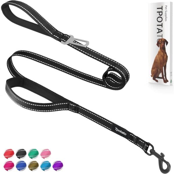 6 Foot Black Dog Leashes for Large Medium and Small Breed Dogs That Pull,Reflective Nylon Heavy Duty Dog Leash with 2 Comfortable Padded Traffic Handles and Car Seat Belt for Walking and Training