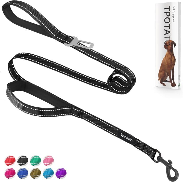 6 Foot Black Dog Leashes for Large Medium and Small Breed Dogs That Pull,Reflective Nylon Heavy Duty Dog Leash with 2 Comfortable Padded Traffic Handles and Car Seat Belt for Walking and Training