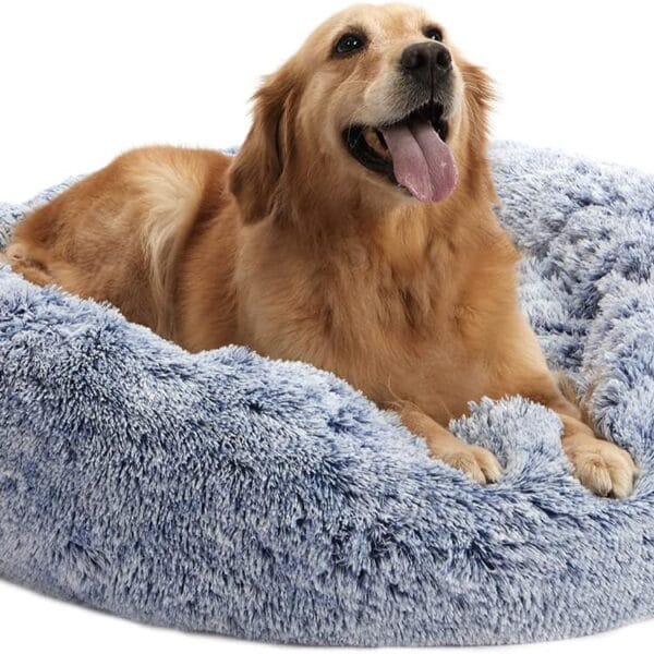 Bedfolks Calming Donut Dog Bed - 36 Inch Round Plush Beds for Large Dogs, Anti-Anxiety Machine Washable (Navy Blue, Large)