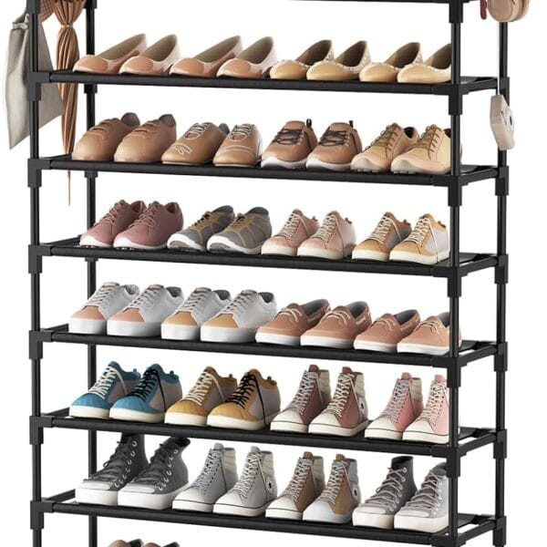 VTRIN 10 Tier Shoe Rack Tall Large Capacity 50 Pair Wide Shoe Organizer with Two Hooks Sturdy Metal Shoe Shelf for Entryway, Closet, Bedroom