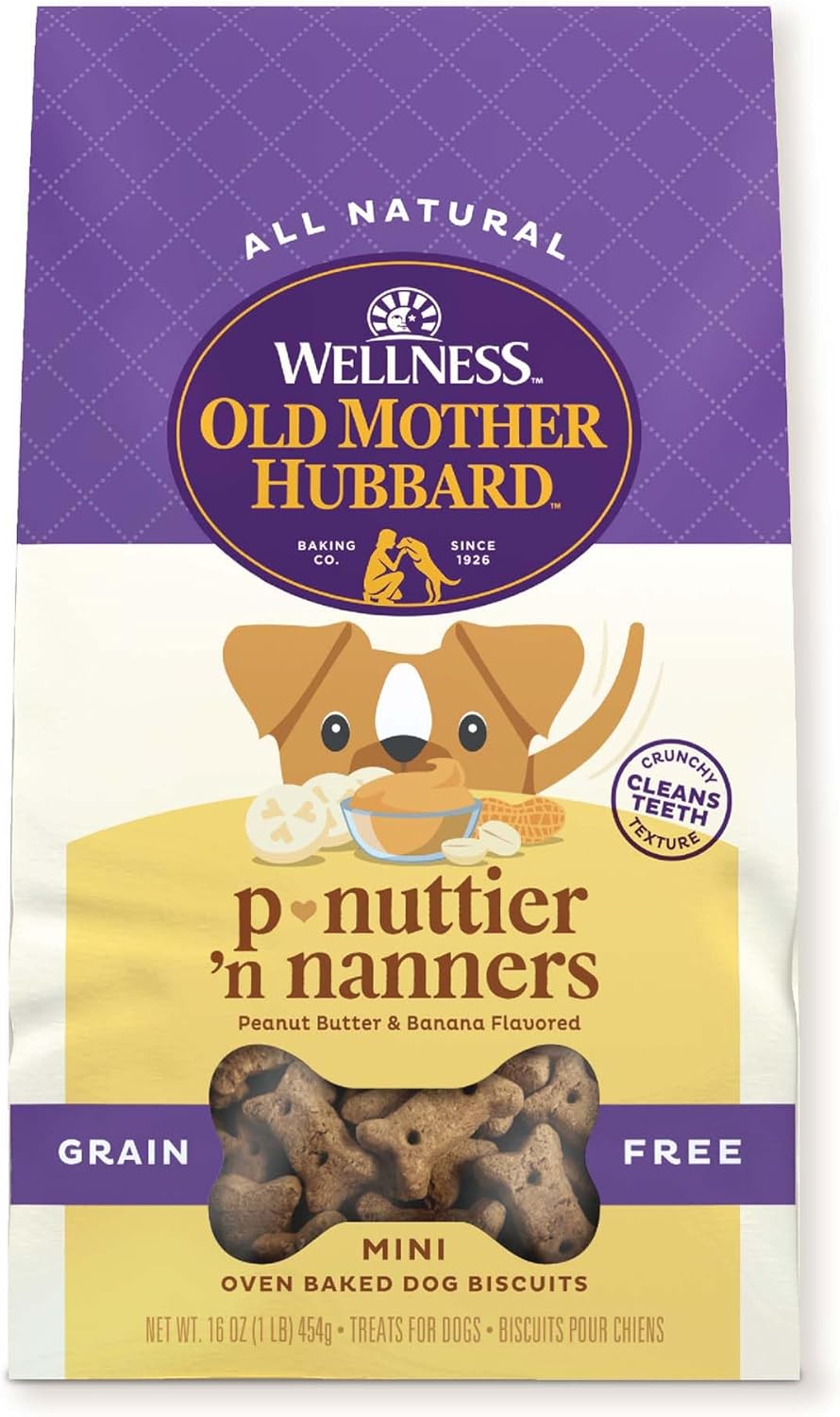 Old Mother Hubbard Wellness P-Nuttier 'N Nanners Dog Biscuits, Natural, Training Treats, Peanut Butter & Banana Flavor, Mini Size, (16 Ounce Bag) Old Mother Hubbard Wellness P-Nuttier 'N Nanners Dog Biscuits, Natural, Training Treats, Peanut Butter & Banana Flavor, Mini Size, (16 Ounce Bag)