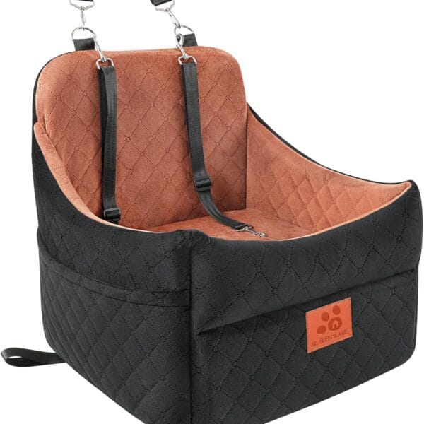 Dog Car Seat for Small/Medium Dogs, Dog Booster Car Seats with Thick Cushion for Dogs Under 35lbs, Detachable Washable Pet Car Seat with Storage Pockets, 2 Safety Belts(Black/Brown)