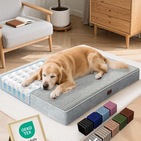 OhGeni 41 Inches Orthopedic Waterproof & Machine Washable Dog Bed for Large Pets, Suitable for Crates, 25D Egg Crate Foam, Non-Slip Bottom & Removable Cover(Gray)