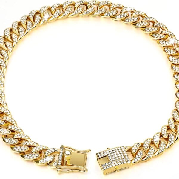 Tallew Gold Dog Chain Diamond Collar Walking Metal Chain Necklace with Secure Buckle Pet Cuban Style Collar Jewelry Accessories for Small Medium Large Dog Cats (10 inch)