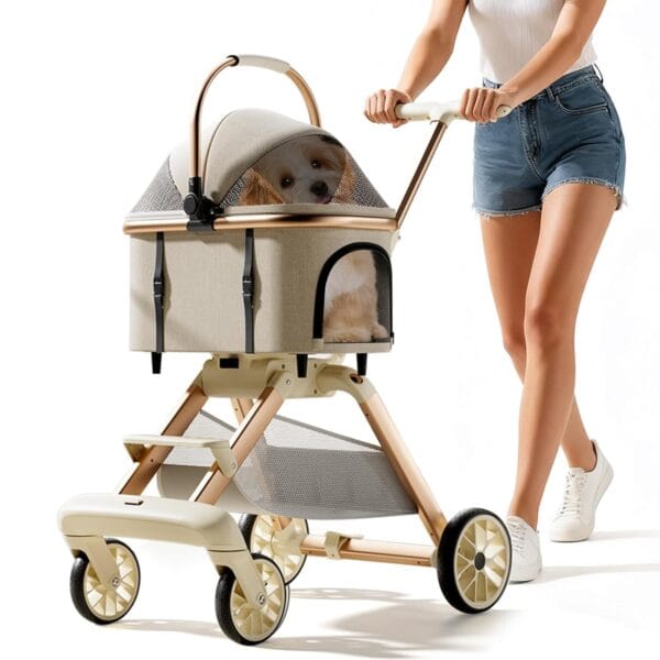 3-in-1 Pet Stroller with Detachable Carrier, Lightweight Foldable Dog Stroller for Small/Medium Dogs & Cats, All-Terrain Cat Travel with Car Seat, One-Hand Fold Design (Khaki)