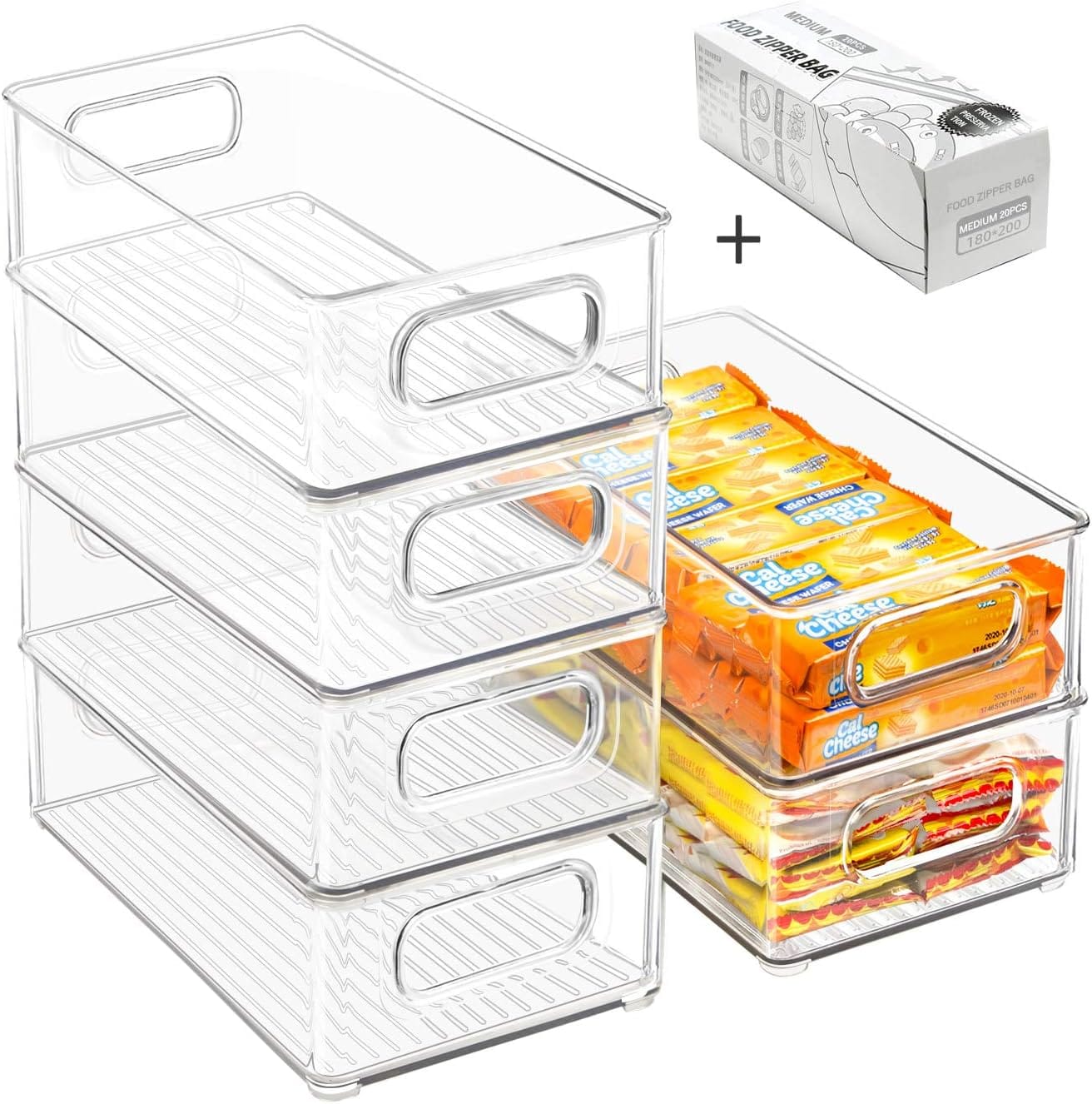 Stackable Refrigerator Organizer Bins, 6 Pack Clear Kitchen Organizer Container Bins With Handles And 20 PCS Plastic Bags For Pantry, Cabinets, Shelves, Drawer, Freezer Food Safe, BPA Free 10"L Stackable Refrigerator Organizer Bins, 6 Pack Clear Kitchen Organizer Container Bins with Handles and 20 PCS Plastic Bags for Pantry, Cabinets, Shelves, Drawer, Freezer - Food Safe, BPA Free 10"L