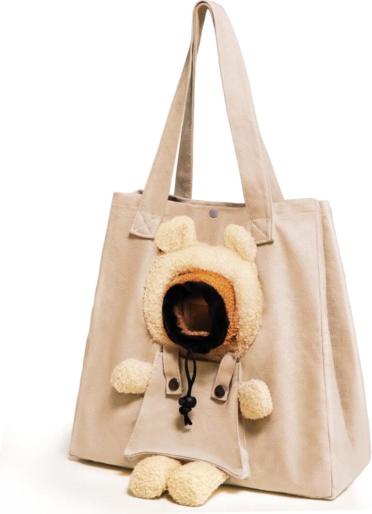 Pet Canvas Shoulder Carrying Bag, Cute Khaki Bear Shaped Cat Carrier, M Size Portable Kitten & Puppy Tote, Comfort Carriers for Small Dogs, Cats, and Pets, Handbag for Outdoor, Shopping, and Camping