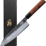 MITSUMOTO SAKARI Gyuto Chef Knife 8 inch - Hand Forged Japanese Kitchen Knives, 3-Layer 9CR18MOV High Carbon Steel, Rosewood Handle & Sandalwood Box