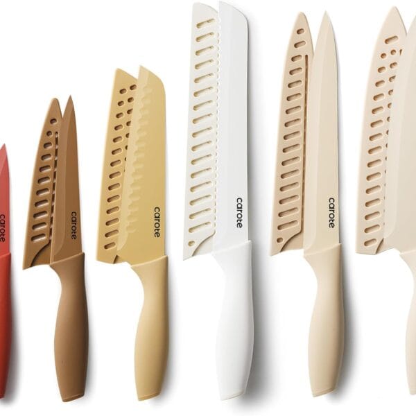 CAROTE 12 Pieces Kitchen Knife Set, Stainless Steel Knife Set With Nonstick Ceramic Coating, Dishwasher Safe with 6 Blade Guards, Rustproof, Brown