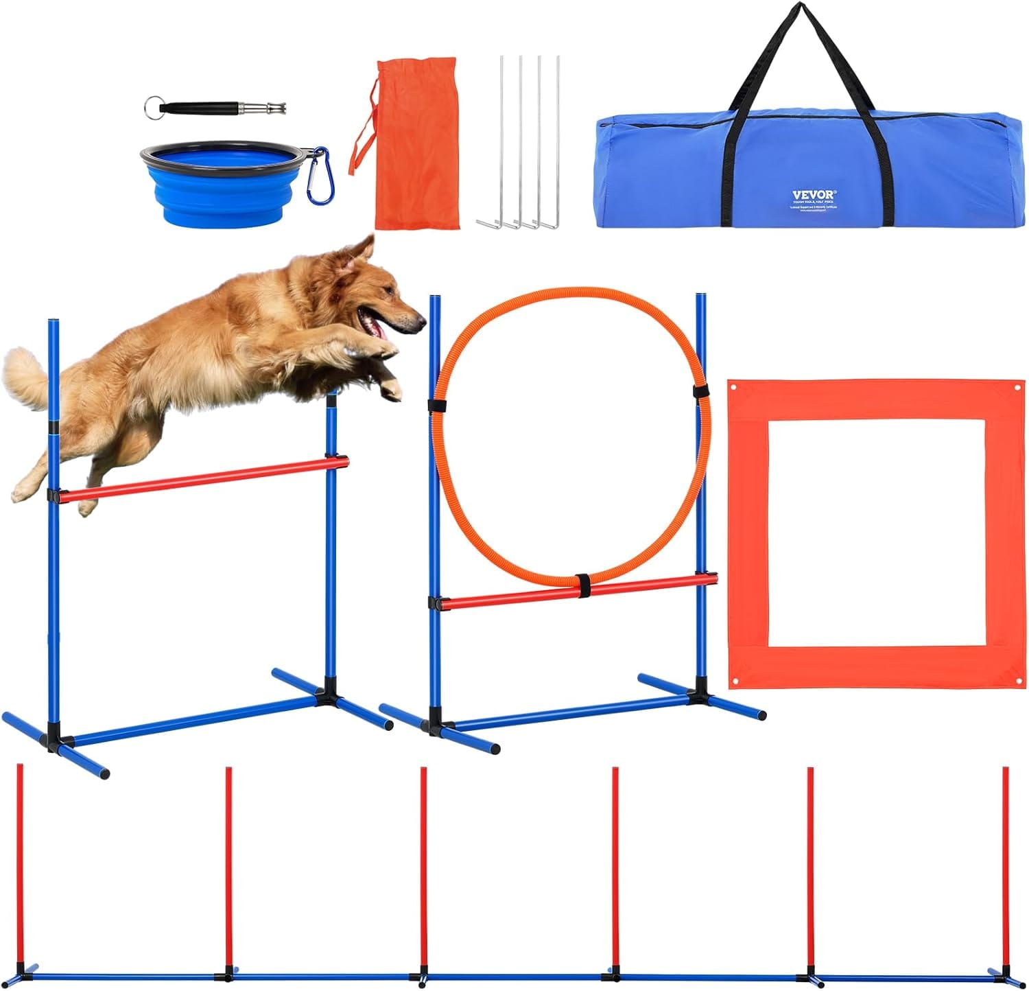 VEVOR Dog Agility Training Equipment, Dog Agility Course Backyard Set with Adjustable High Hurdles,Weave Poles,Jump Ring,Square Pause Box,Whistle,Foldable Bowl, Obstacle Course Kit with Storage Bag VEVOR Dog Agility Training Equipment, Dog Agility Course Backyard Set with Adjustable High Hurdles,Weave Poles,Jump Ring,Square Pause Box,Whistle,Foldable Bowl, Obstacle Course Kit with Storage Bag