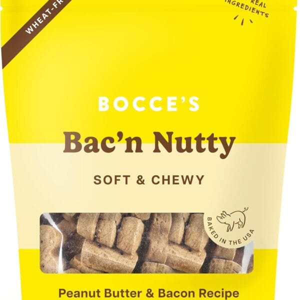 Bocce's Bakery Bac'n Nutty Soft & Chewy Dog Treats, Wheat-Free PB & Bacon Flavored All Natural Limited Ingredient Oven Baked Cookies for Dogs, 6 oz Bag