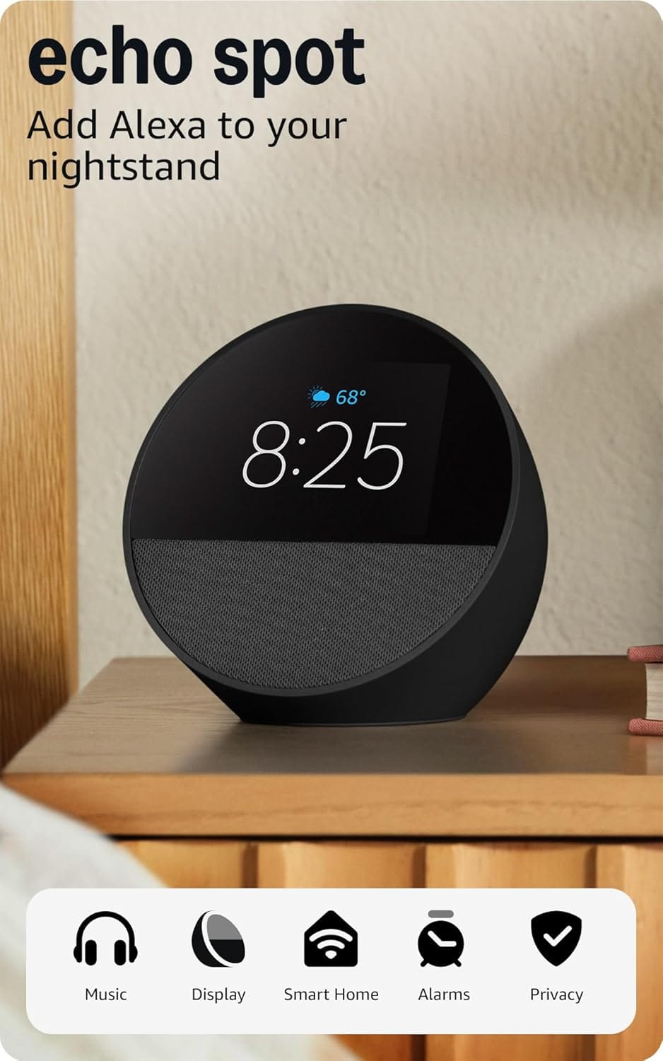 Amazon Echo Spot, Great For Nightstands, Offices And Kitchens, Smart Alarm Clock With Alexa, Black Amazon Echo Spot, Great for nightstands, offices and kitchens, Smart alarm clock with Alexa, Black