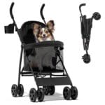 Magshion Compact Pet Stroller for Small-Medium Dogs/Cats up to 22lbs, 4-Wheel Lightweight Umbrella Shaped Portable Puppy Travel Jogger with Breathable Mesh, Cup Holder & Rear Storage, Black