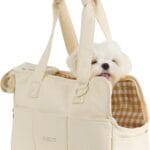 Dog Purse Carrier for Small Dogs Rabbit cat with Large Pockets, Cotton Bag, Dog Carrier Soft Sided, Collapsible Travel Puppy Carrier (Beige, 13.6" L x 6.5" W x 10" H)