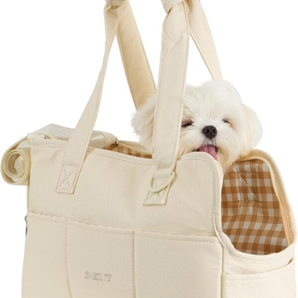 Dog Purse Carrier for Small Dogs Rabbit cat with Large Pockets, Cotton Bag, Dog Carrier Soft Sided, Collapsible Travel Puppy Carrier (Beige, 13.6" L x 6.5" W x 10" H)