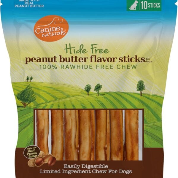 Canine Naturals Peanut Butter Chew - Rawhide Free and Dog Treats - Made from Real Peanut Butter - All-Natural and Easily Digestible - 10 Pack of 5 Inch Stick Chews