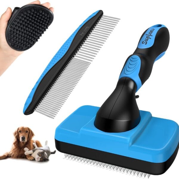 3PCS Dog Grooming Kit - Deshedding Dog Brush, Self Cleaning Slicker Brush, Bath Brush and Comb, Suitable for Hair Removal and Bathing of Dogs & Cats (Blue Black)