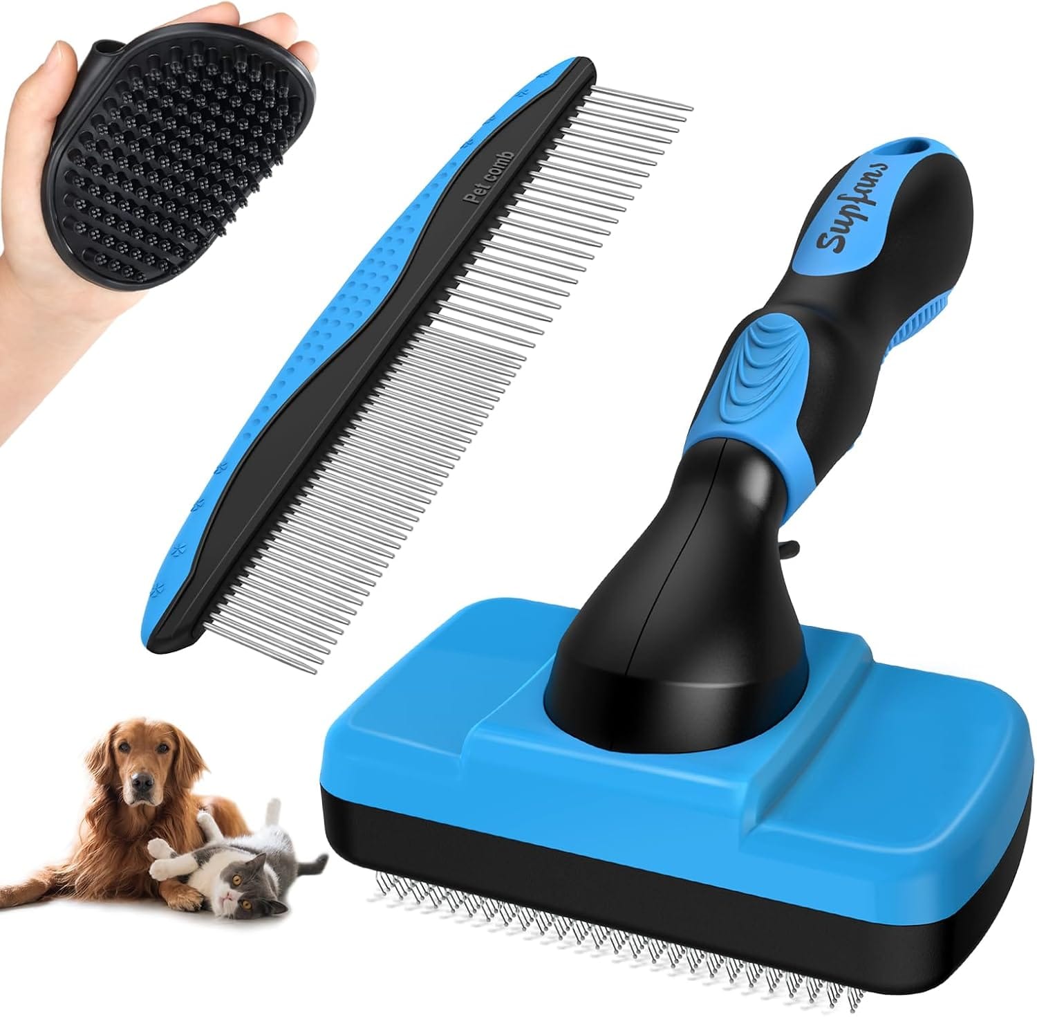 3PCS Dog Grooming Kit - Deshedding Dog Brush, Self Cleaning Slicker Brush, Bath Brush and Comb, Suitable for Hair Removal and Bathing of Dogs & Cats (Blue Black) 3PCS Dog Grooming Kit - Deshedding Dog Brush, Self Cleaning Slicker Brush, Bath Brush and Comb, Suitable for Hair Removal and Bathing of Dogs & Cats (Blue Black)