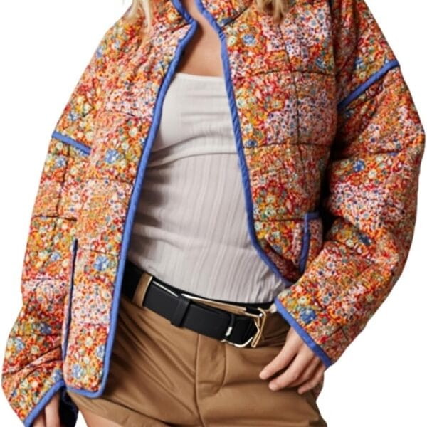 Omoone Women's Cropped Quilted Jacket Floral Printed LightWeight Padded Puffer Cardigan Coat Outwear