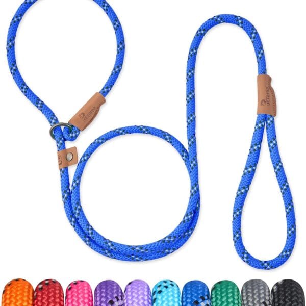 5 FT Slip Lead Dog Leash, Heavy Duty Rope Leash for Small Medium Large Dogs, No Pull Training Lead with Reflective Thread, Strong Comfortable Loop Leash (Blue Stripe, Medium(3/8"))