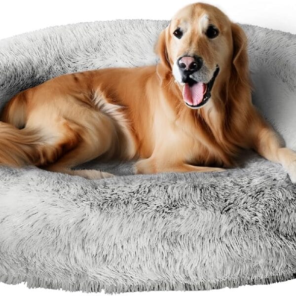 Orthopedic Calming Dog Bed for Extra Large Dogs XL, Anti Anxiety Pet Beds with Supportive Foam, Removable Washable Oval Pets Couch, Fluffy Cuddle Bolster Couch, Light Grey