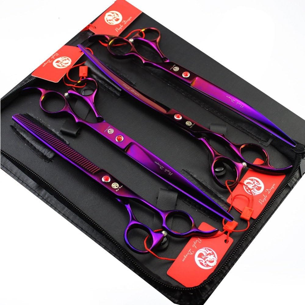Purple Dragon 8.0 inch Professional Pet Grooming Scissors,Dog Straight Shear, Thinning/Blending Scissor & 2 PCS Curved Shear with Bag (Purple) Purple Dragon 8.0 inch Professional Pet Grooming Scissors,Dog Straight Shear, Thinning/Blending Scissor & 2 PCS Curved Shear with Bag (Purple)