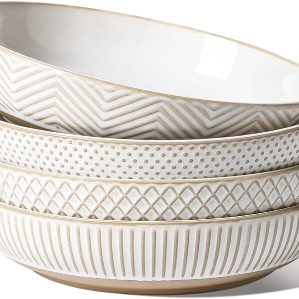 LE TAUCI Pasta Bowls 46oz, Large Salad Bowl, Ceramic Serving Plate, House-warming Wedding Present, Embossment Stoneware Bowl for Fruits, Noodle, Dinner - 9 Inch, Set of 4, Arctic White