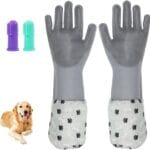 Dog Washing Gloves 2 Pack, Silicone Pet Hair Removal Glove with Soft Bristles & Finger Toothbrushes, Reusable Deshedding Scrubber for Dogs & Cats, Deep Cleaning & Anti-Slip Cuff