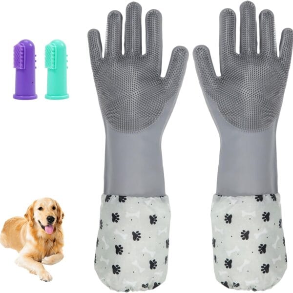 Dog Washing Gloves 2 Pack, Silicone Pet Hair Removal Glove with Soft Bristles & Finger Toothbrushes, Reusable Deshedding Scrubber for Dogs & Cats, Deep Cleaning & Anti-Slip Cuff