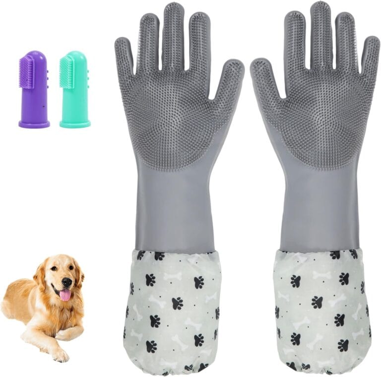 Dog Washing Gloves 2 Pack, Silicone Pet Hair Removal Glove with Soft Bristles & Finger Toothbrushes, Reusable Deshedding Scrubber for Dogs & Cats, Deep Cleaning & Anti-Slip Cuff