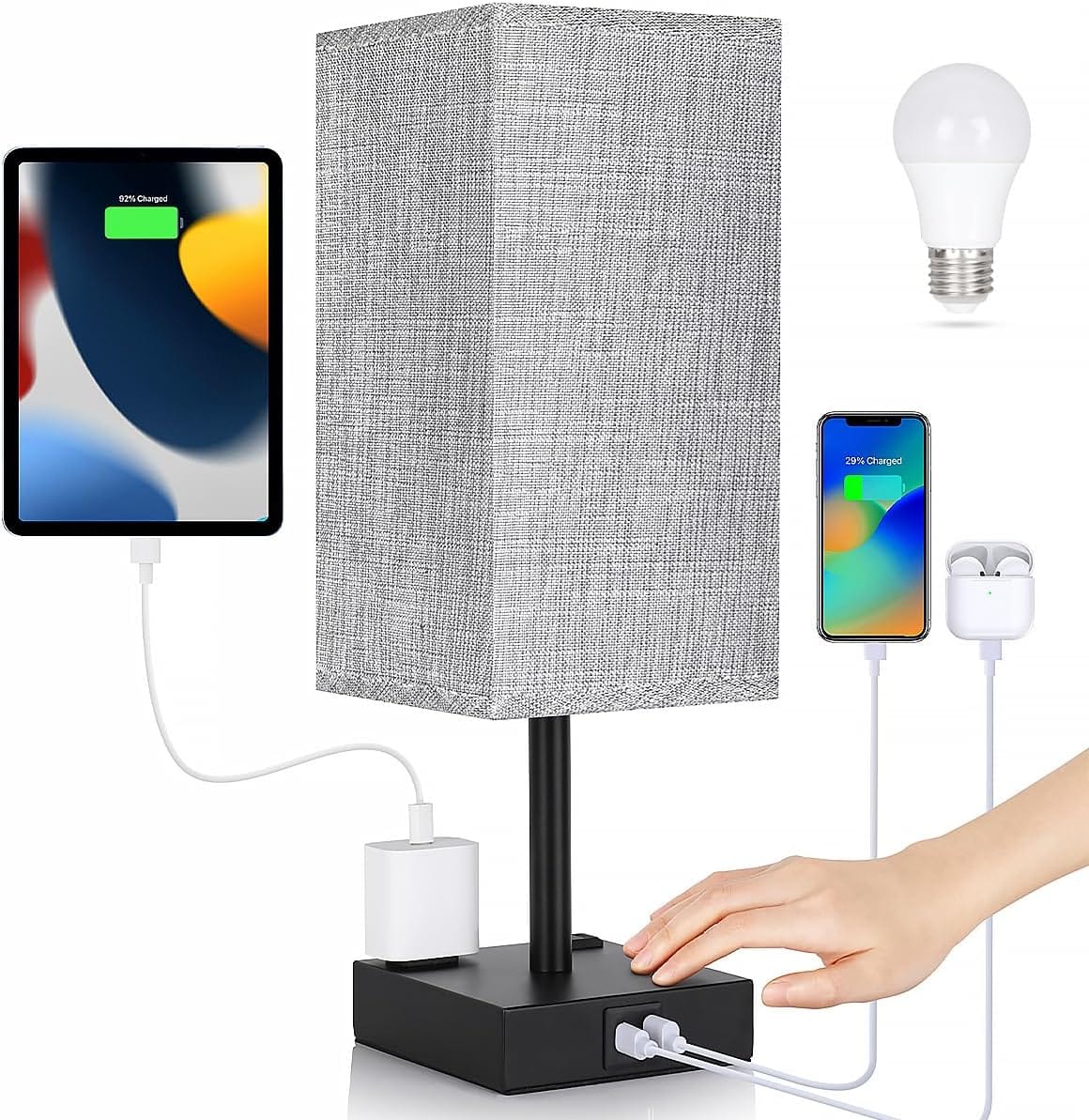 Bedside Table Lamp for Bedroom - Touch Small Lamp with USB C+A Charging Ports & AC Outlets, 3 Way Dimmable Nightstand Light for Living Room (LED Bulb Included, Grey) Bedside Table Lamp for Bedroom - Touch Small Lamp with USB C+A Charging Ports & AC Outlets, 3 Way Dimmable Nightstand Light for Living Room (LED Bulb Included, Grey)