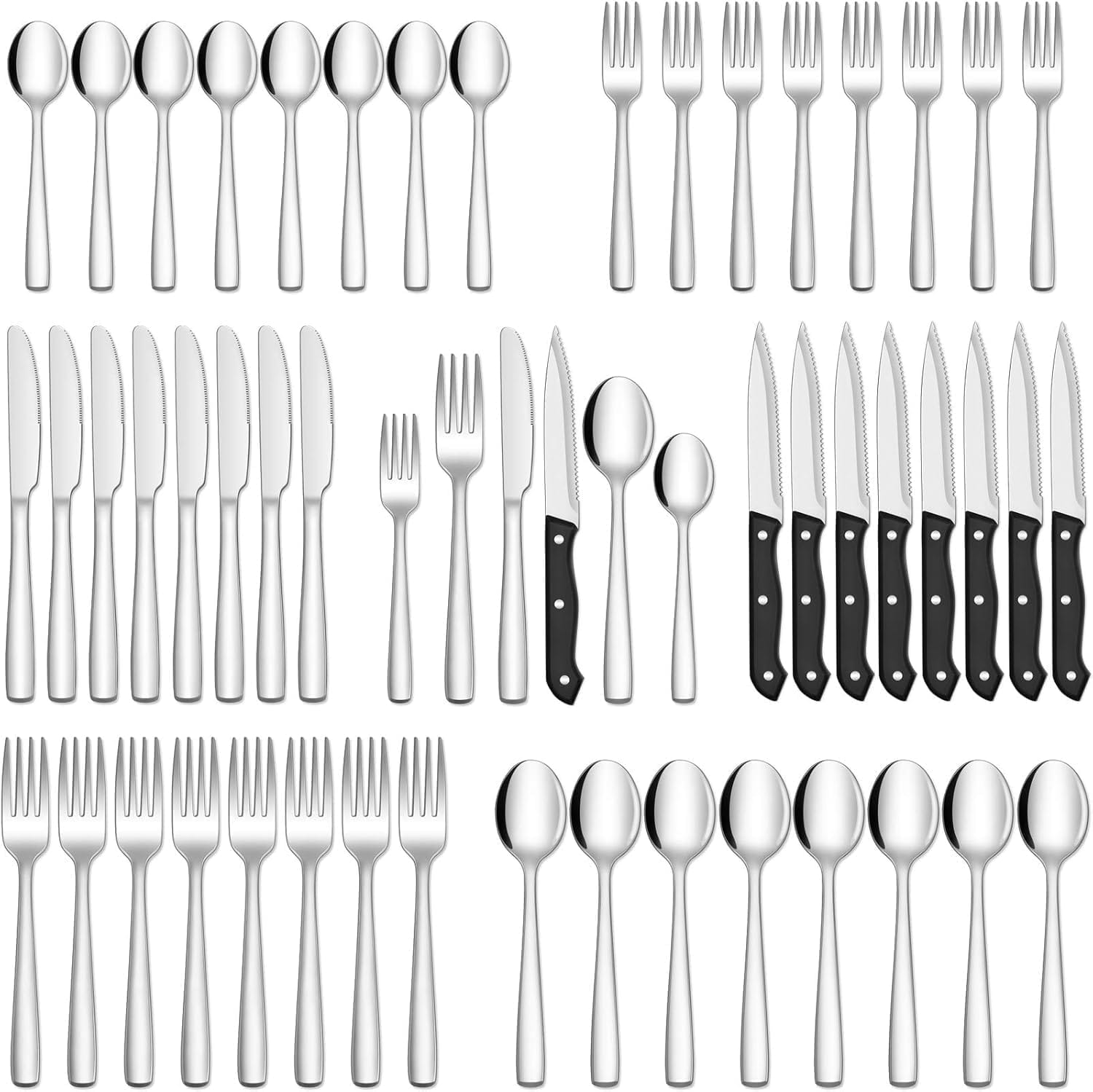 HIWARE 48 Piece Silverware Set With Steak Knives For 8, 18/8 Stainless Steel Flatware Cutlery Set For Home Kitchen Restaurant Hotel, Kitchen Utensils Set, Mirror Polished, Dishwasher Safe HIWARE 48-Piece Silverware Set with Steak Knives for 8, 18/8 Stainless Steel Flatware Cutlery Set For Home Kitchen Restaurant Hotel, Kitchen Utensils Set, Mirror Polished, Dishwasher Safe