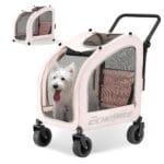 EchoSmile 4 Wheels Pet Stroller, Foldable Dog & Cat Stroller for All-Season, Lightweight Carrier with Storage Basket, Adjustable Handle, Removable Pad, Breathable Mesh, Up to 135 lbs, Pink