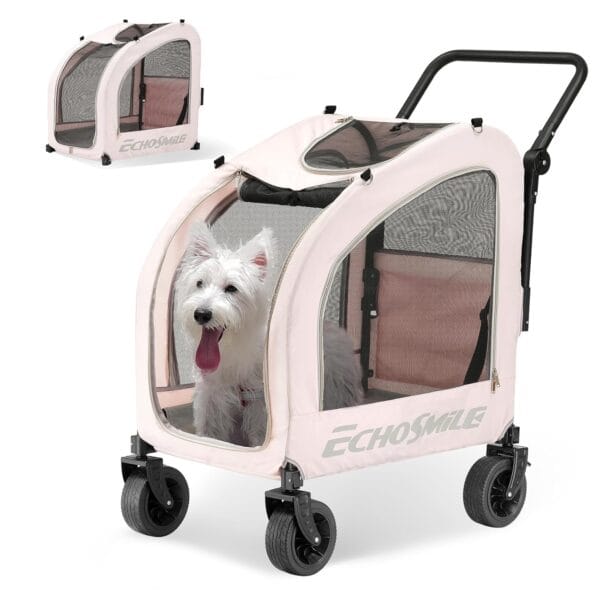 EchoSmile 4 Wheels Pet Stroller, Foldable Dog & Cat Stroller for All-Season, Lightweight Carrier with Storage Basket, Adjustable Handle, Removable Pad, Breathable Mesh, Up to 135 lbs, Pink