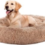 Sweetcrispy Donut Dog Bed, Medium Round Calming Cat Bed with Washable Waterproof Cushion, Anti-Anxiety & Anti-Slip Fluffy Cuddle Cozy Faux Fur Plush for Pet Puppy Indoor Sleeping (24.8"x24.8", Brown)