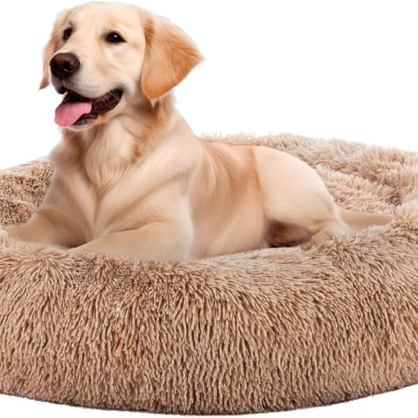 Sweetcrispy Donut Dog Bed, Medium Round Calming Cat Bed with Washable Waterproof Cushion, Anti-Anxiety & Anti-Slip Fluffy Cuddle Cozy Faux Fur Plush for Pet Puppy Indoor Sleeping (24.8"x24.8", Brown)