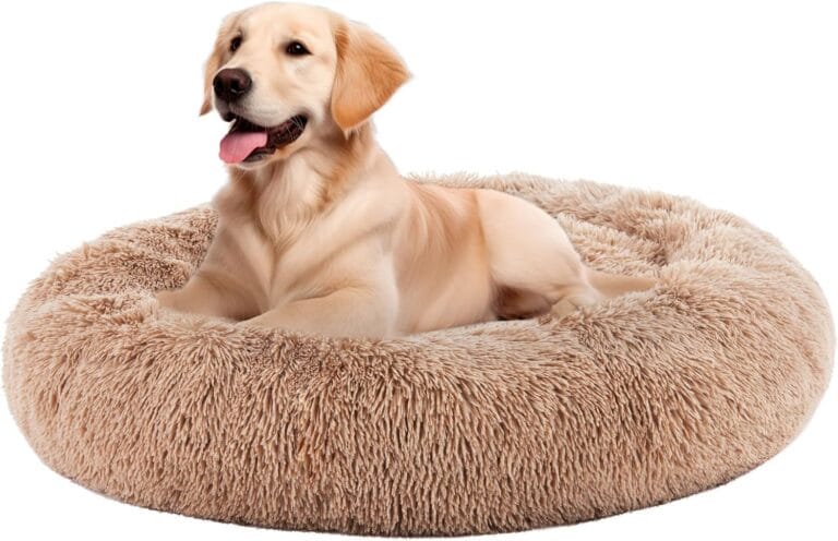 Sweetcrispy Donut Dog Bed, Medium Round Calming Cat Bed with Washable Waterproof Cushion, Anti-Anxiety & Anti-Slip Fluffy Cuddle Cozy Faux Fur Plush for Pet Puppy Indoor Sleeping (24.8"x24.8", Brown)