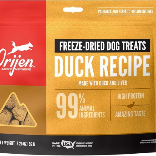 ORIJEN Grain Free High Protein Freeze Dried Dog Treats Free Run Duck Recipe 3.25oz Bag