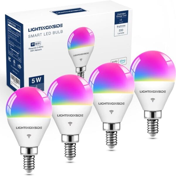 Lightinginside E12 Smart Light Bulbs 50W Equiv., G16.5 RGBCW Candelabra Chandelier Ceiling Fan Smart Bulb Works with Alexa/Google Home/Smart Life, 5W 550LM, 2.4G WiFi Bluetooth Bulb, ETL Listed, 4PCS